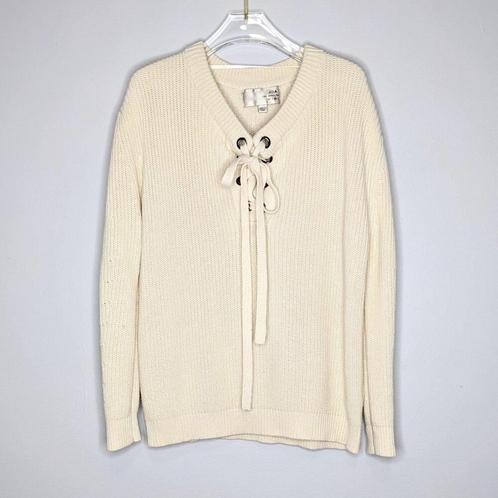 J.O.A. Cream Lace Up Neck Sweater Long Sleeve Pullover Size M